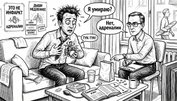 Мужчина в панике на диване, рядом психиатр и подсказки, как пережить паническую атаку