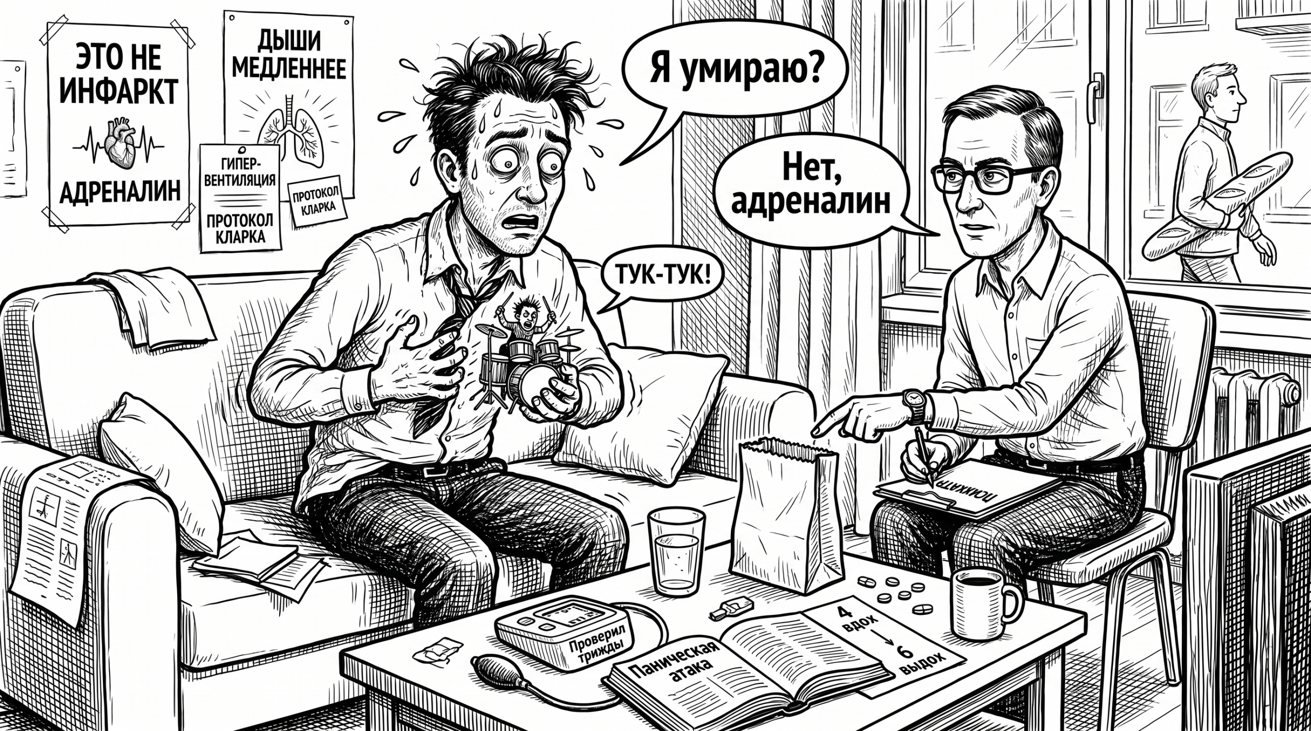 Мужчина в панике на диване, рядом психиатр и подсказки, как пережить паническую атаку