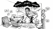 Офисный работник хватается за живот среди дедлайнов, а желудок карикатурно бунтует от стресса