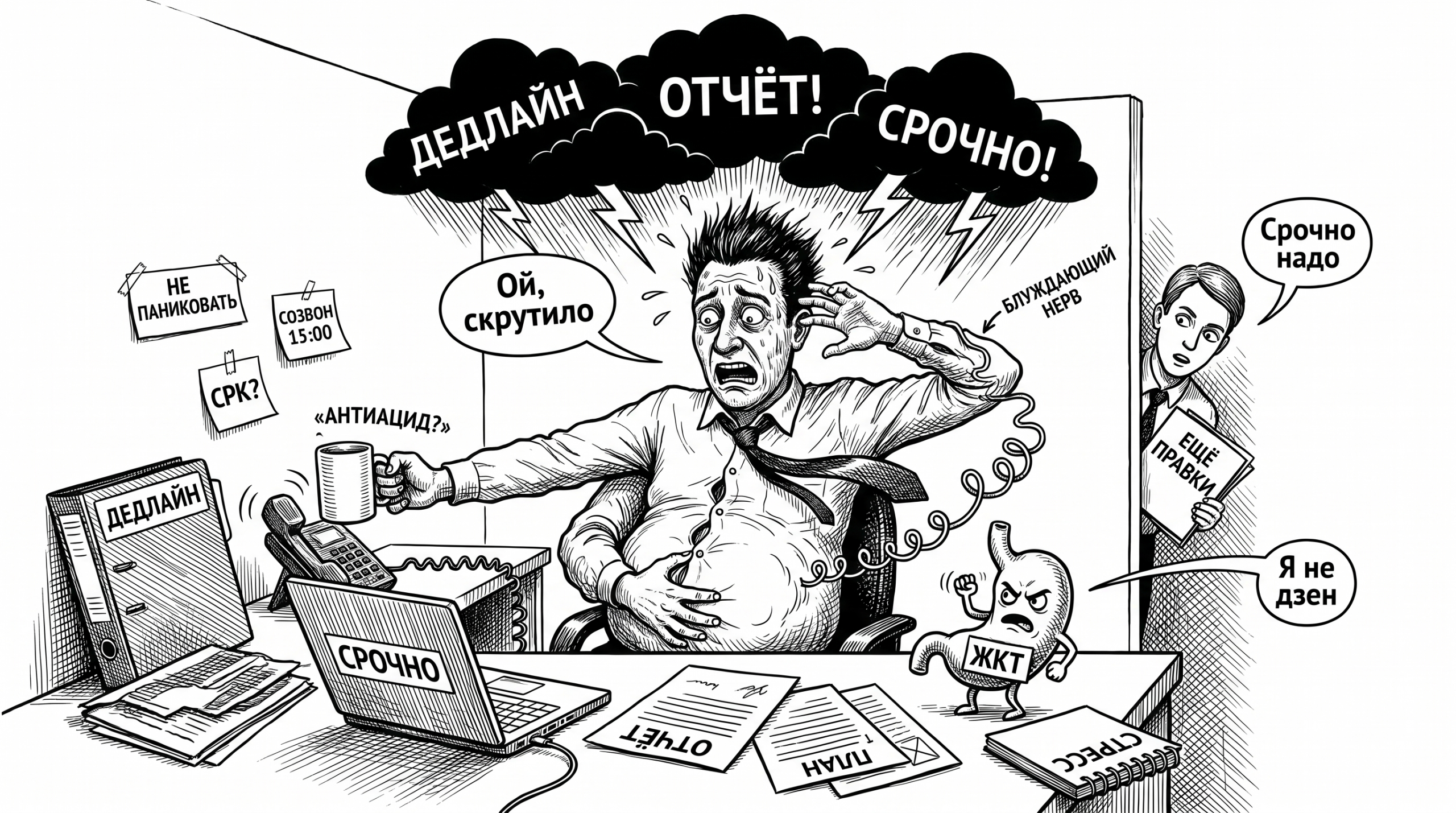 Офисный работник хватается за живот среди дедлайнов, а желудок карикатурно бунтует от стресса