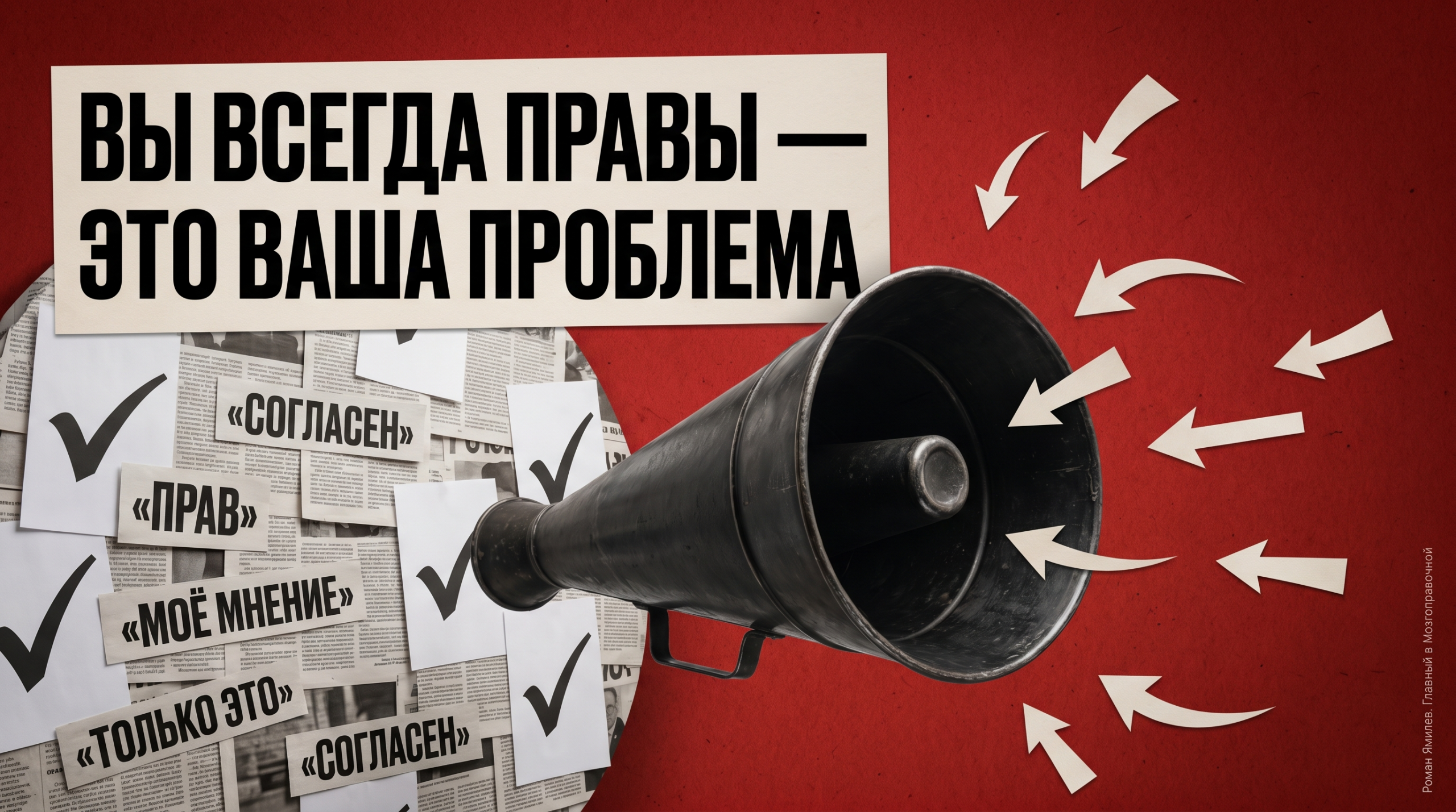 Мегафон упирается в круг из газетных вырезок и отражает только своё мнение, тема подтверждения убеждений