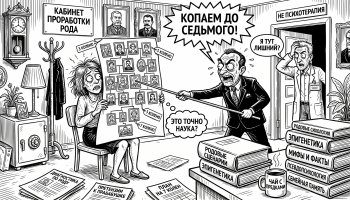 Карикатура о проработке рода до 7 колена: клиент, семейное древо, сомнительный специалист и психолог у двери