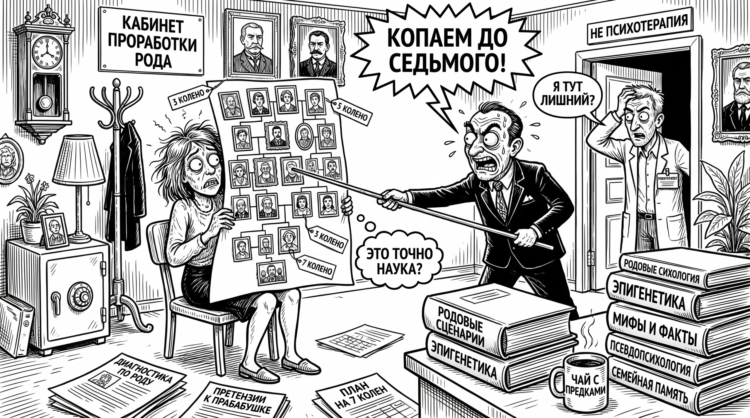 Карикатура о проработке рода до 7 колена: клиент, семейное древо, сомнительный специалист и психолог у двери