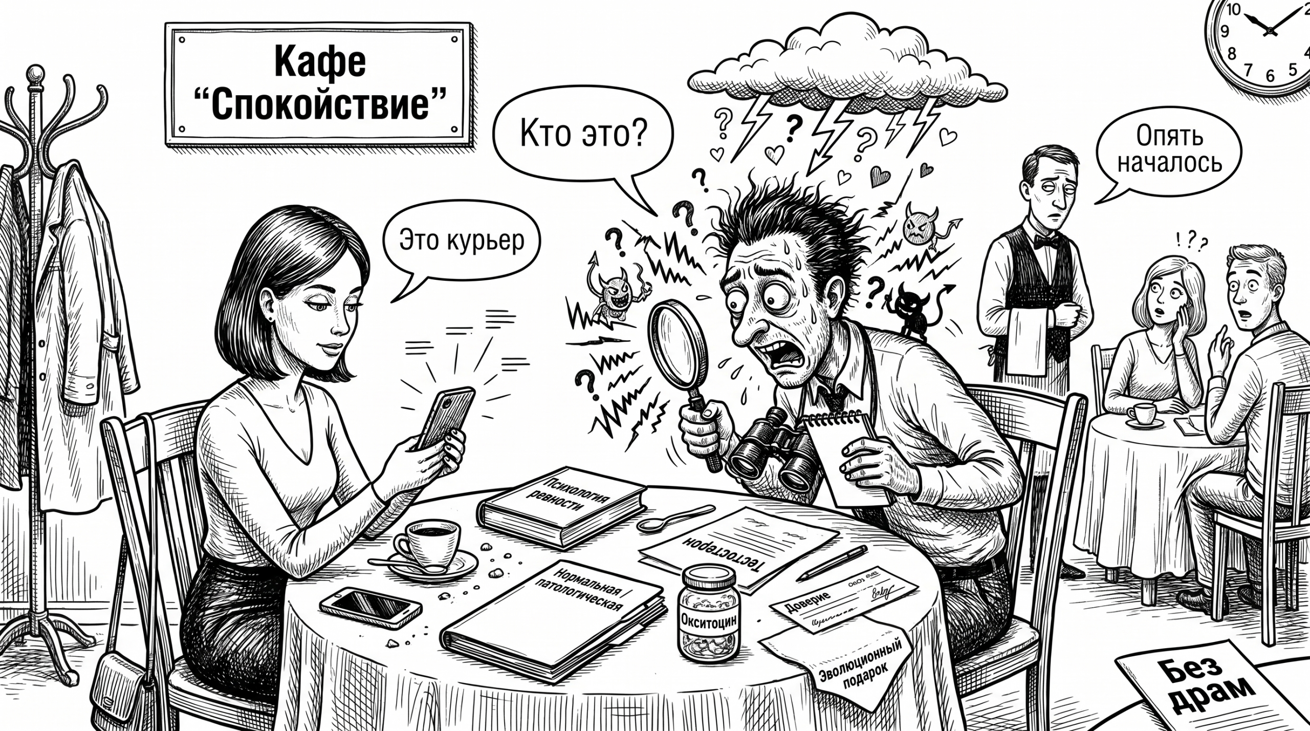 Мужчина ревнует женщину в кафе, превращая обычные сигналы в драму, тема психология ревности