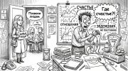 Карикатурный мужчина ищет счастье по схемам, а женщина напоминает про отношения и смысл