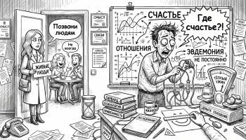 Карикатурный мужчина ищет счастье по схемам, а женщина напоминает про отношения и смысл