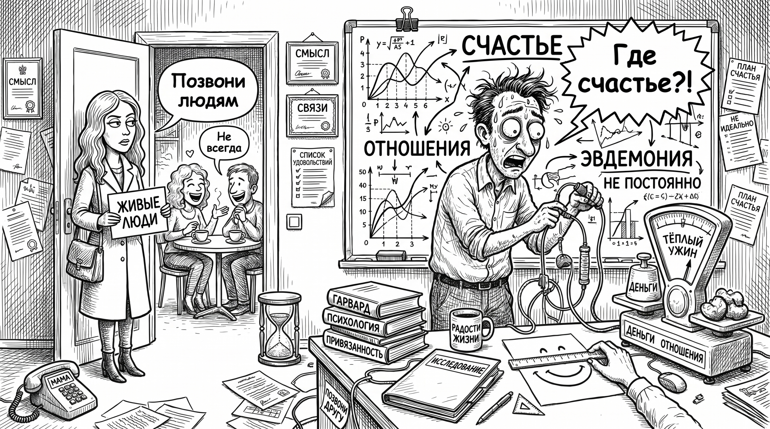 Карикатурный мужчина ищет счастье по схемам, а женщина напоминает про отношения и смысл