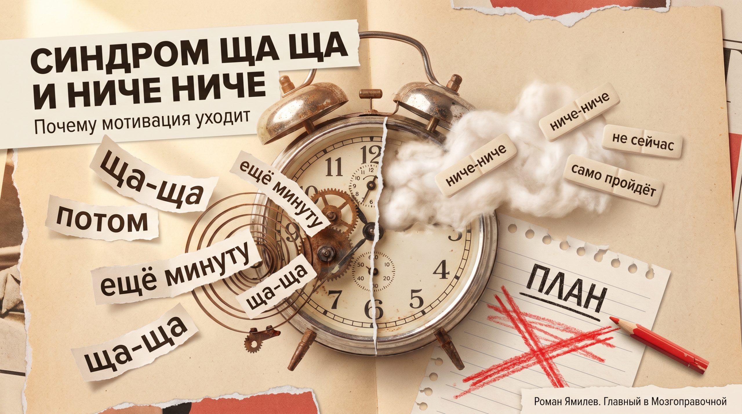 Расколотый будильник, стикеры «ща-ща» и «ниче-ниче», перечёркнутый план — метафора ухода мотивации