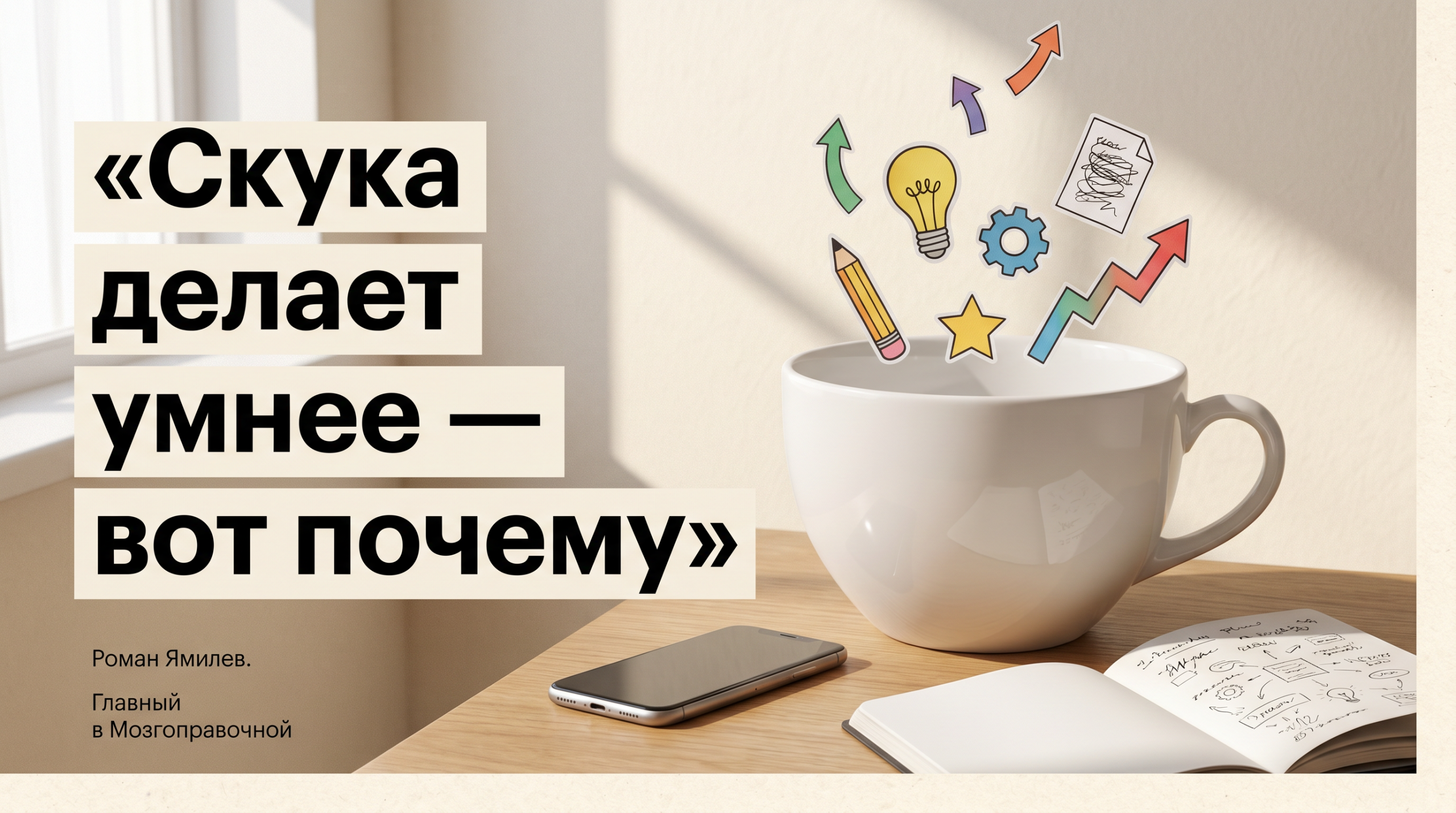 Пустая чашка и вылетающие из неё бумажные идеи как метафора темы скука и креативность