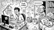 Студент зубрит ночью, а мозг теряет карточки памяти: карикатура про сон и память перед экзаменом