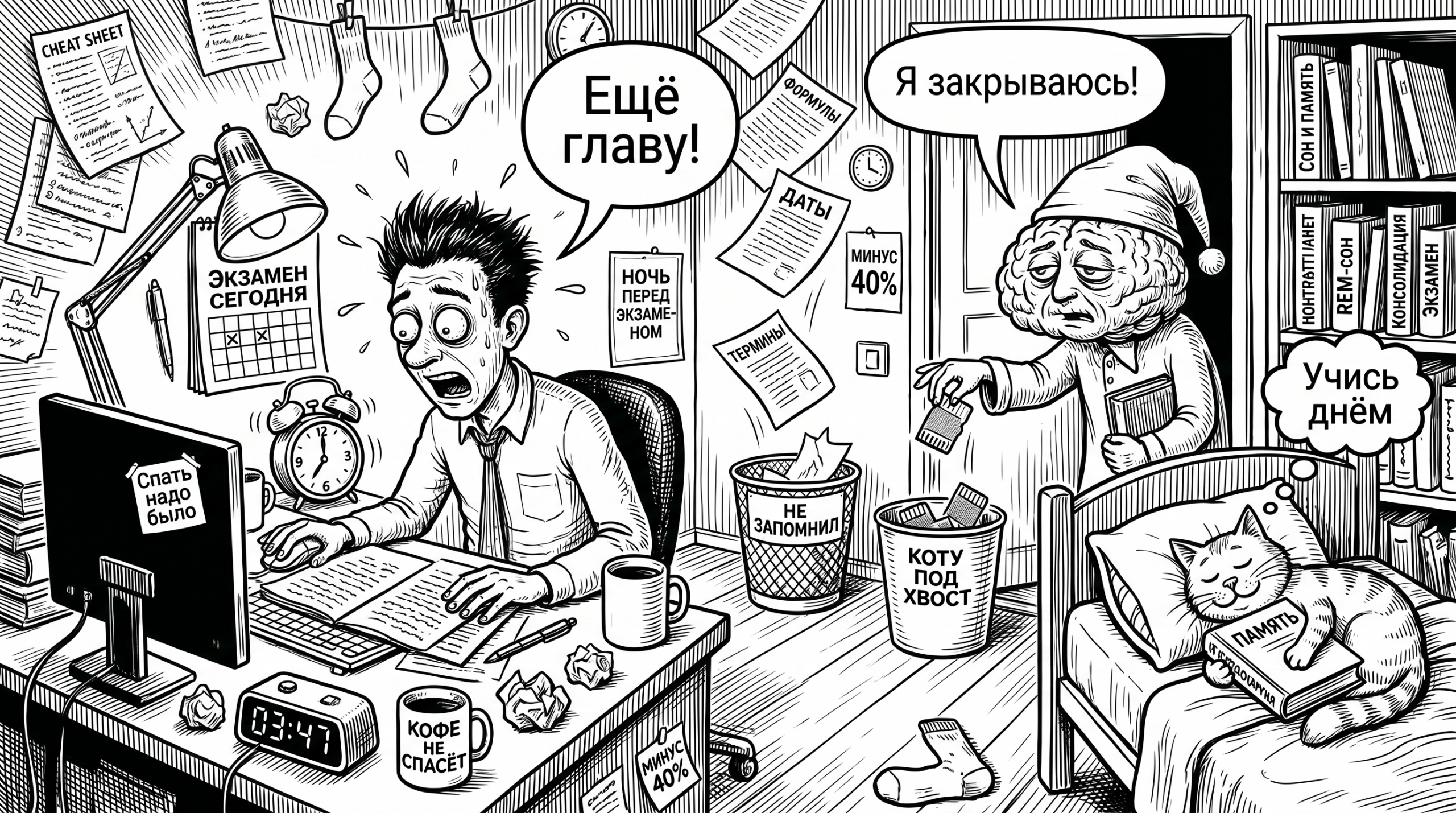 Студент зубрит ночью, а мозг теряет карточки памяти: карикатура про сон и память перед экзаменом