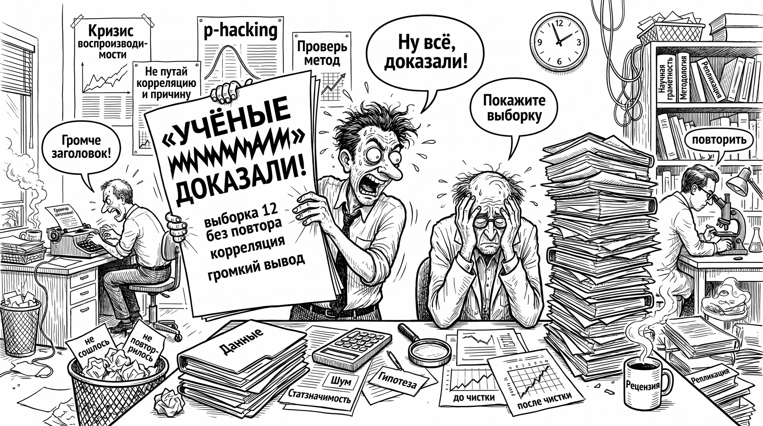 Журналист кричит «Учёные доказали!», а учёный требует выборку; сатира про научную грамотность и p-hacking