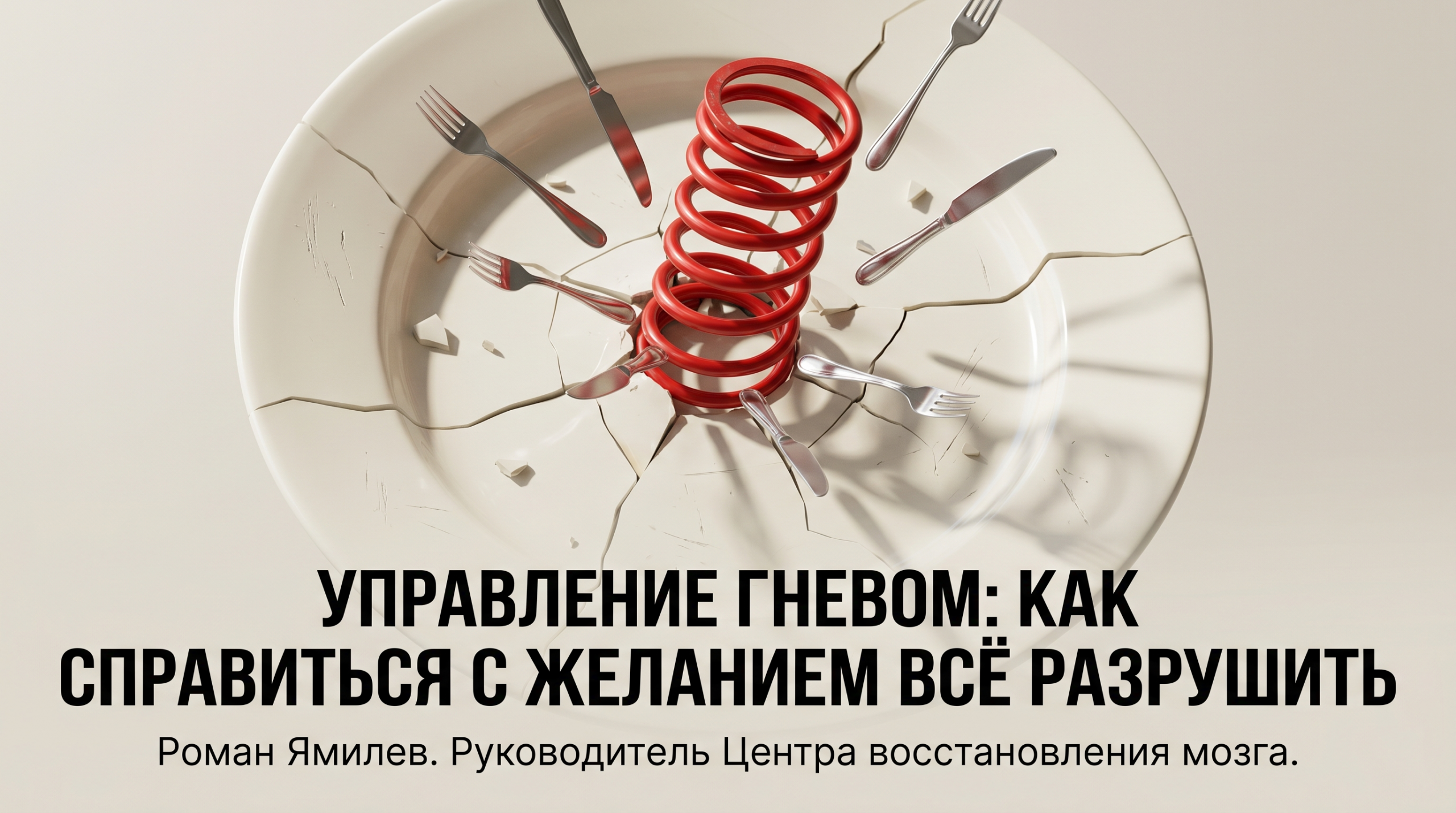 Треснувшая тарелка с красной пружиной и приборами, метафора управления гневом и желания всё разнести