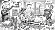 Измученный офисный работник пытается отдыхать в шезлонге среди дедлайнов — суть выгорания