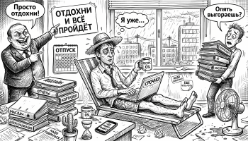 Измученный офисный работник пытается отдыхать в шезлонге среди дедлайнов — суть выгорания