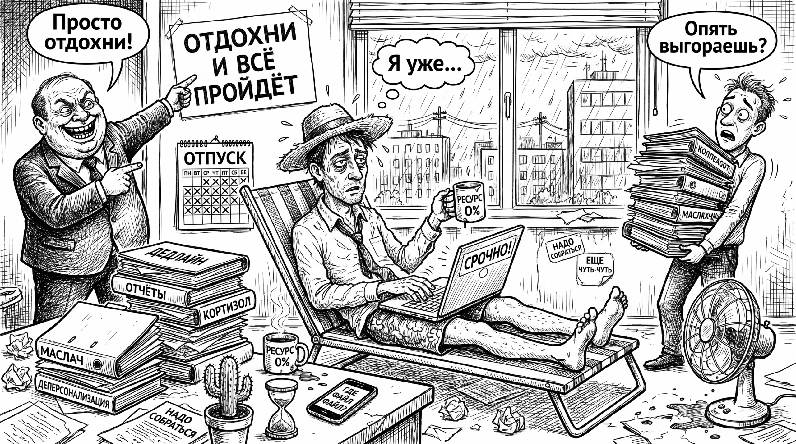 Измученный офисный работник пытается отдыхать в шезлонге среди дедлайнов — суть выгорания