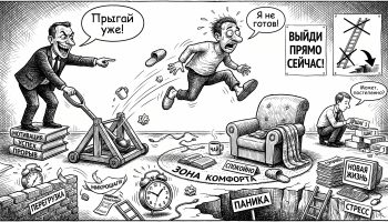 Карикатура: человека катапультой выбрасывают из зоны комфорта в стресс и панику