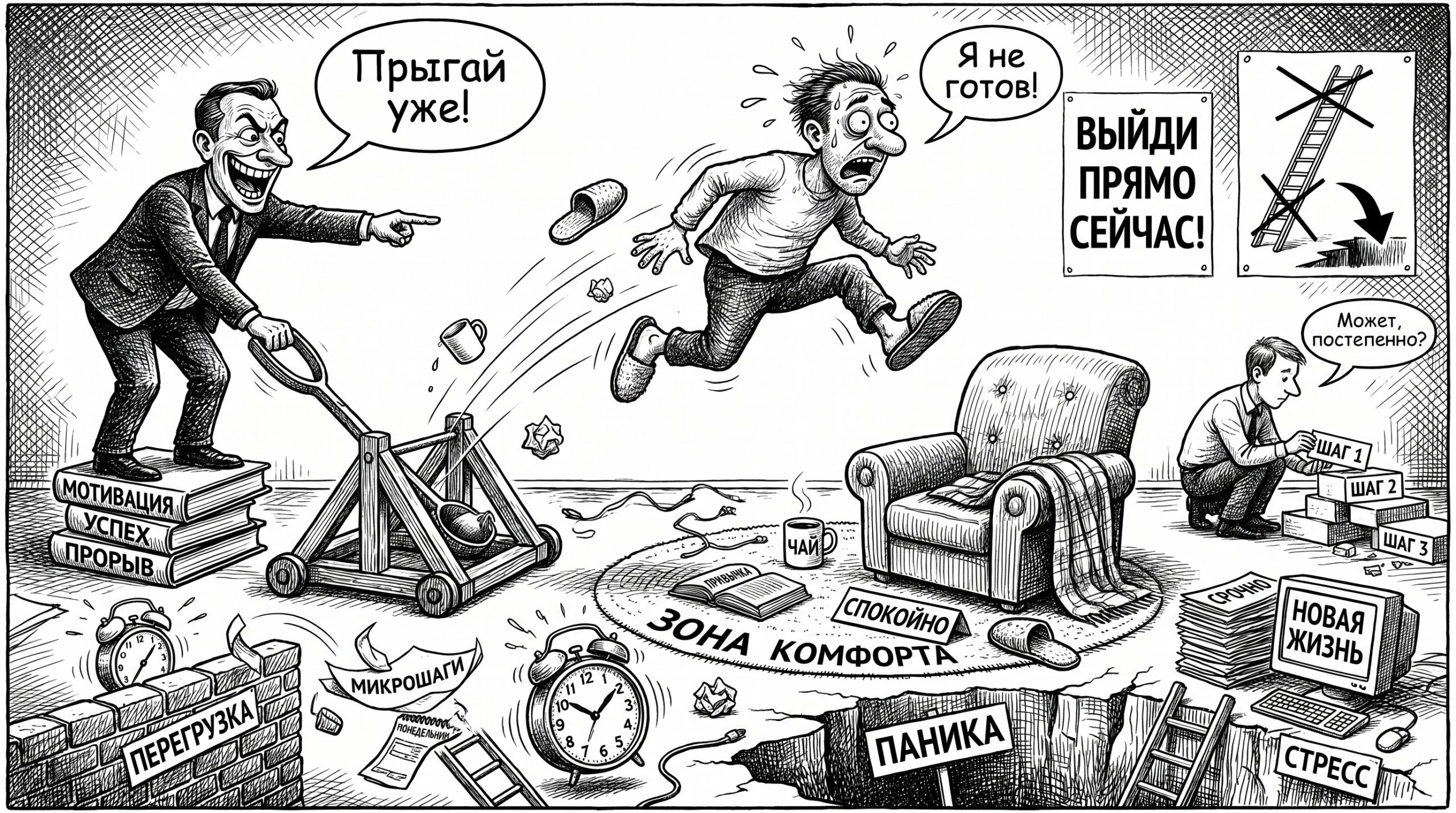 Карикатура: человека катапультой выбрасывают из зоны комфорта в стресс и панику