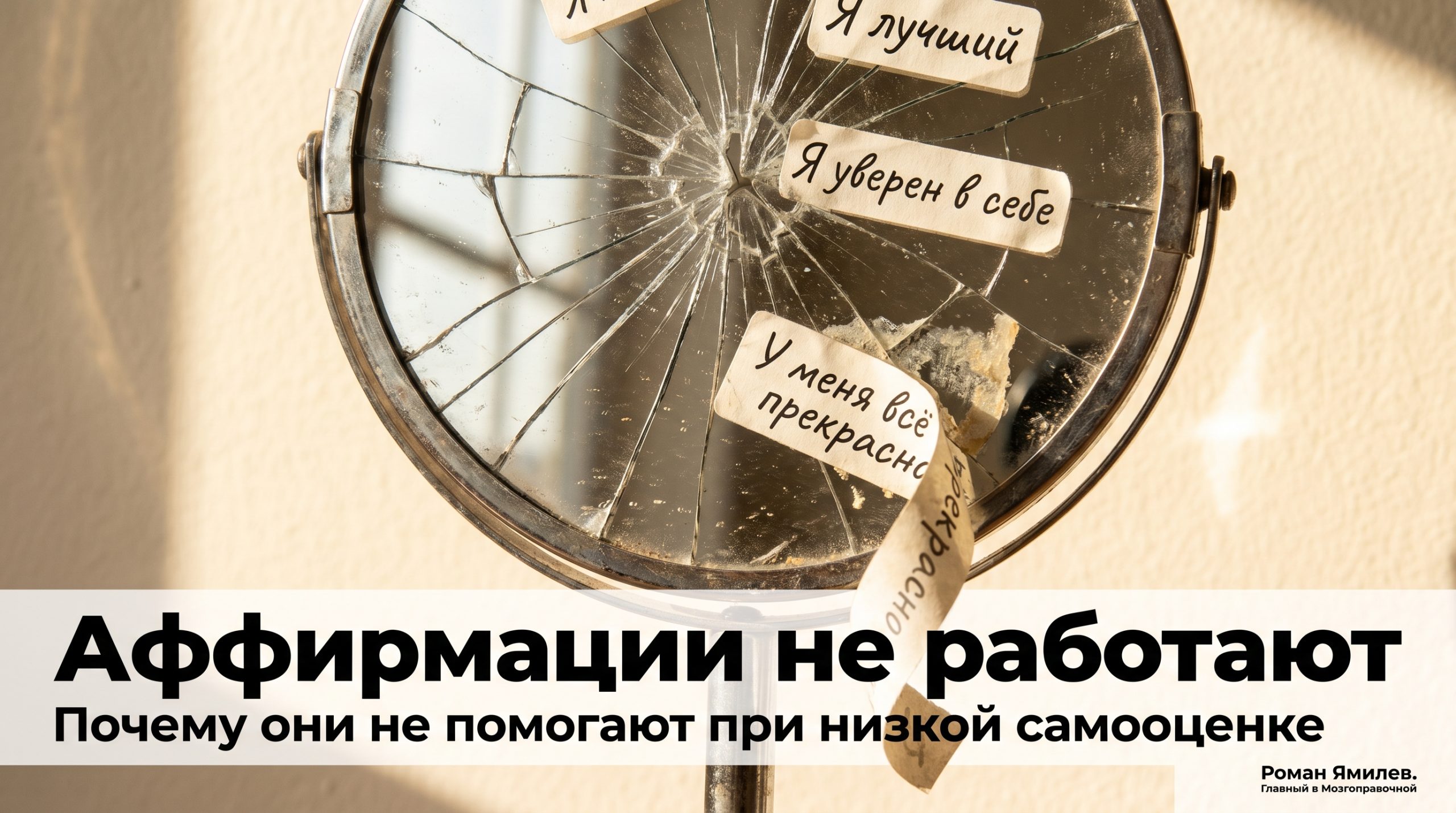 Треснувшее зеркало со стикерами аффирмаций как метафора низкой самооценки и неработающих установок