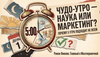 Коллаж с расколотым будильником и отметкой 5 утра, тема утренние ритуалы и разные хронотипы