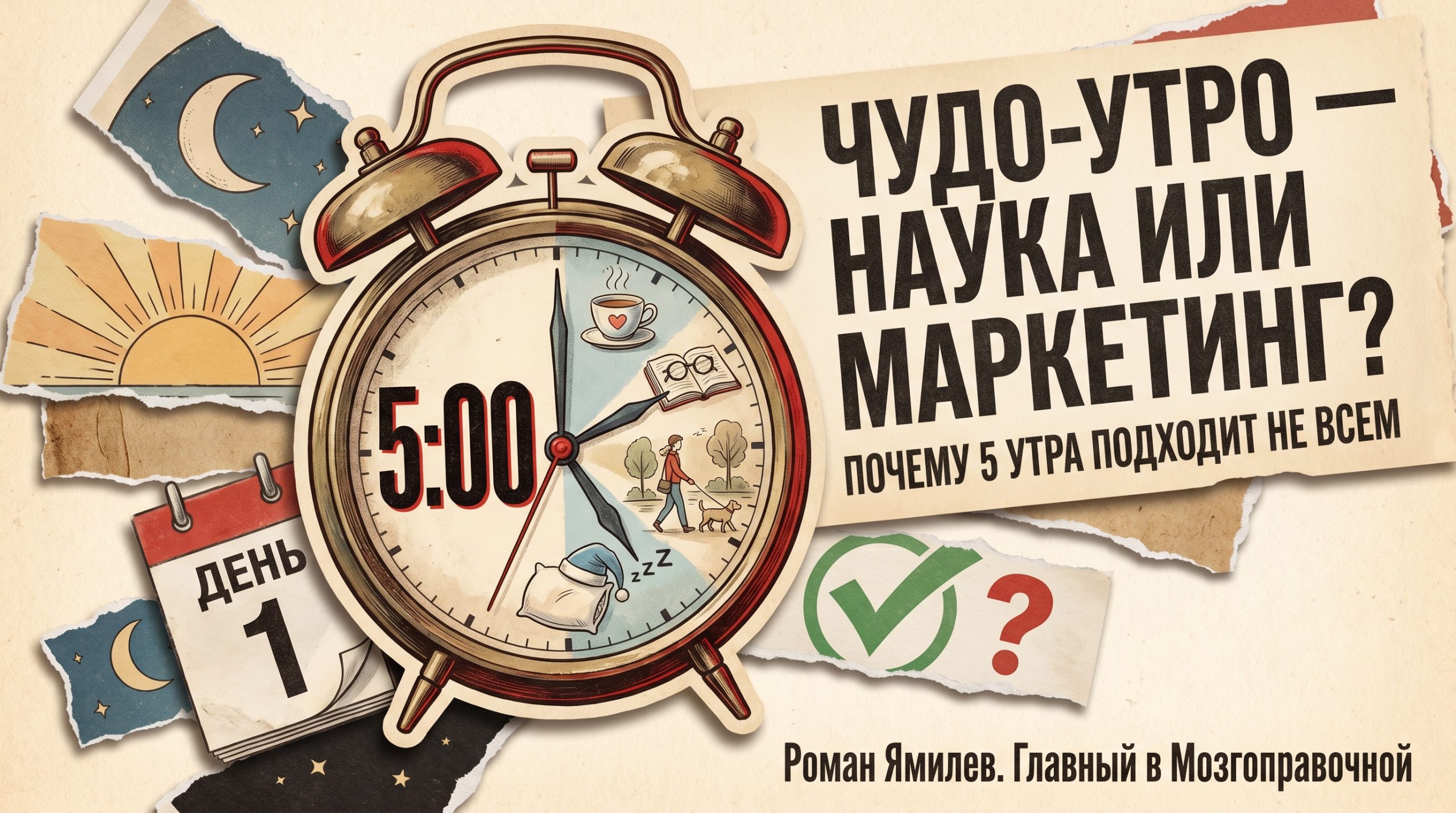 Коллаж с расколотым будильником и отметкой 5 утра, тема утренние ритуалы и разные хронотипы
