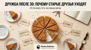 Разрезанный торт и пустые блюдца как метафора темы дружба после 30 и ухода старых друзей