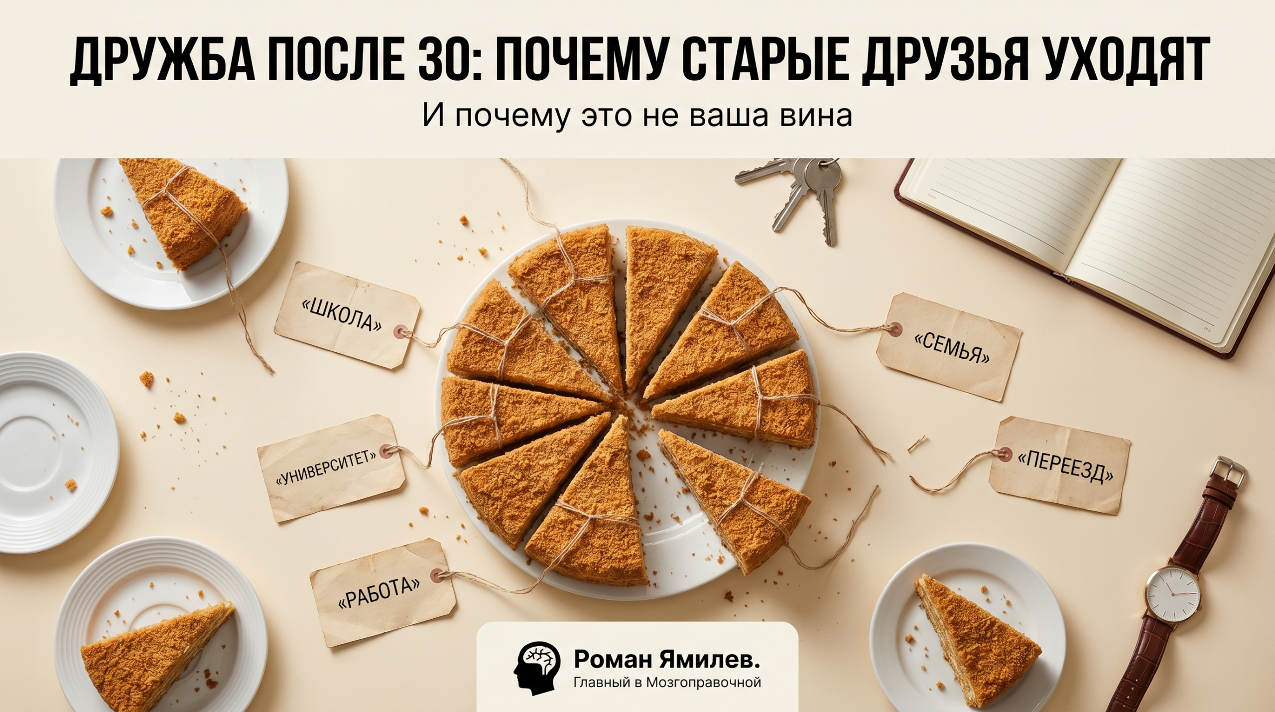 Разрезанный торт и пустые блюдца как метафора темы дружба после 30 и ухода старых друзей