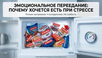 Приоткрытый холодильник с тортом и хлебом как метафора эмоционального переедания при стрессе