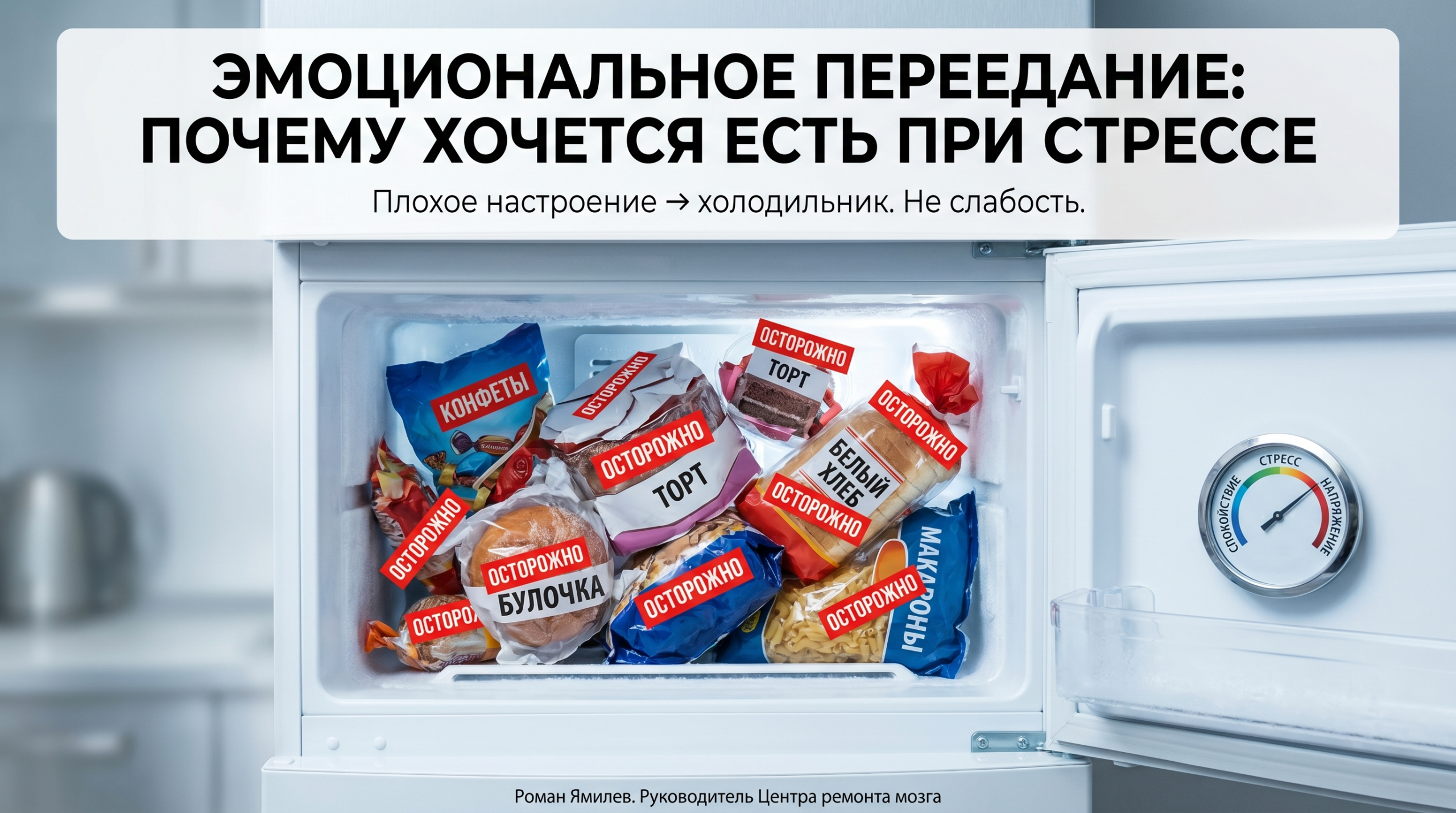 Приоткрытый холодильник с тортом и хлебом как метафора эмоционального переедания при стрессе