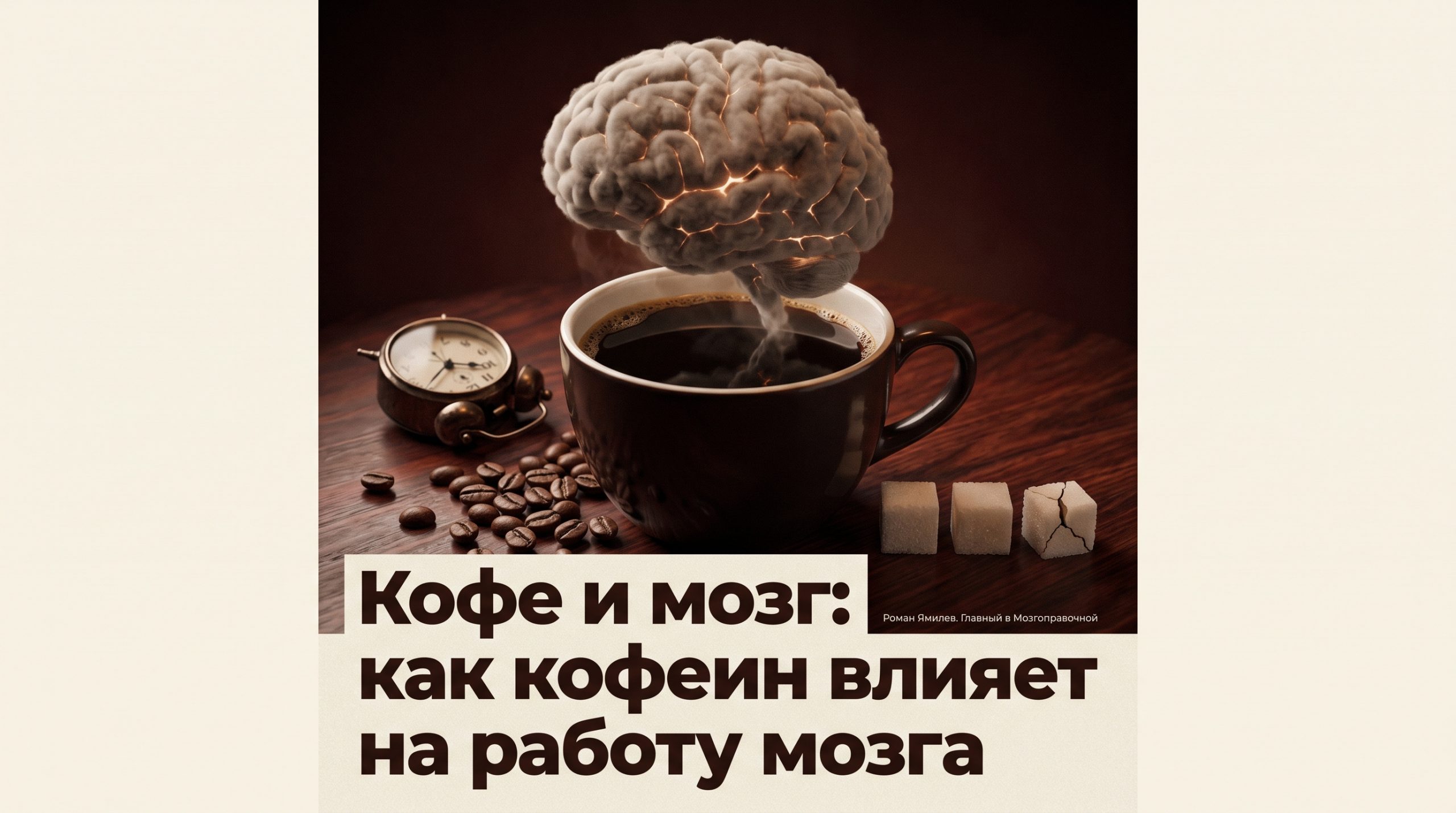 Чашка кофе с паром в форме мозга, будильником и сахарными кубиками, тема влияния кофеина на мозг