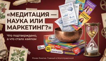 Поющая чаша, рекламные коробки и научные листы на бордовом фоне, тема медитация наука или маркетинг