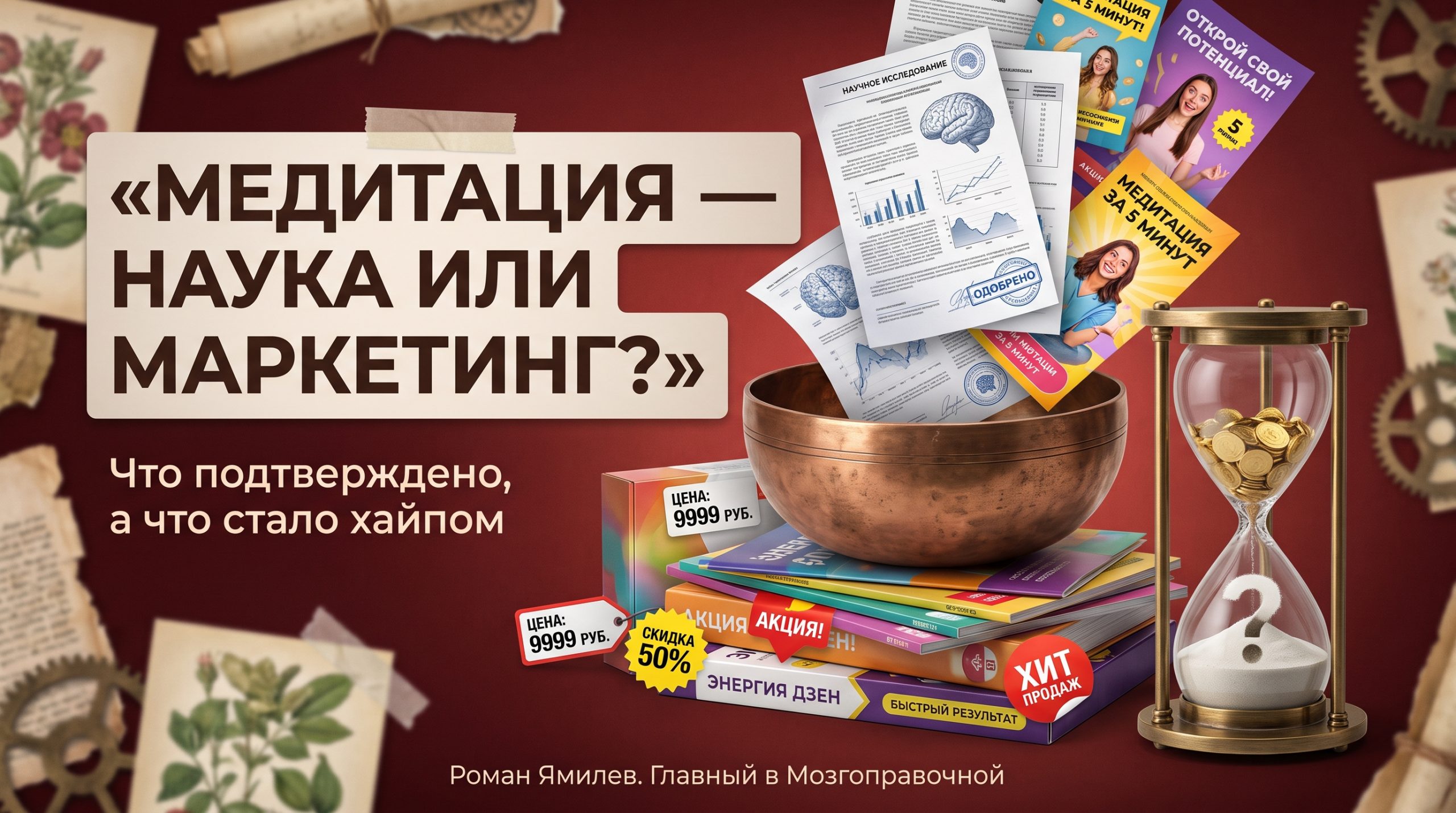 Поющая чаша, рекламные коробки и научные листы на бордовом фоне, тема медитация наука или маркетинг