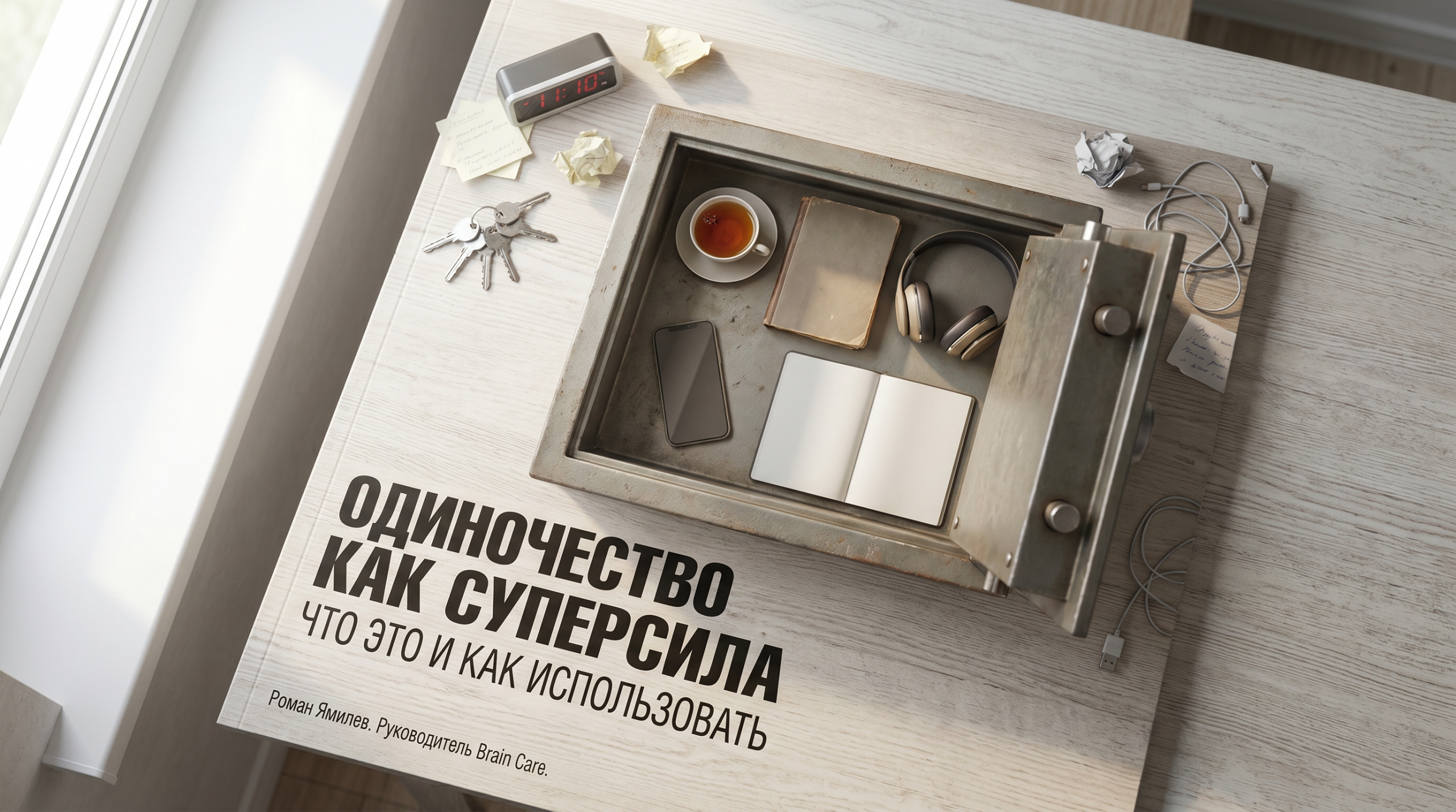Открытый сейф с чашкой, книгой и выключенным телефоном как метафора одиночества как суперсилы