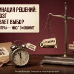 Весы с одним ключом и множеством вариантов, будильник и папка «Парадокс выбора», тема прокрастинации решений