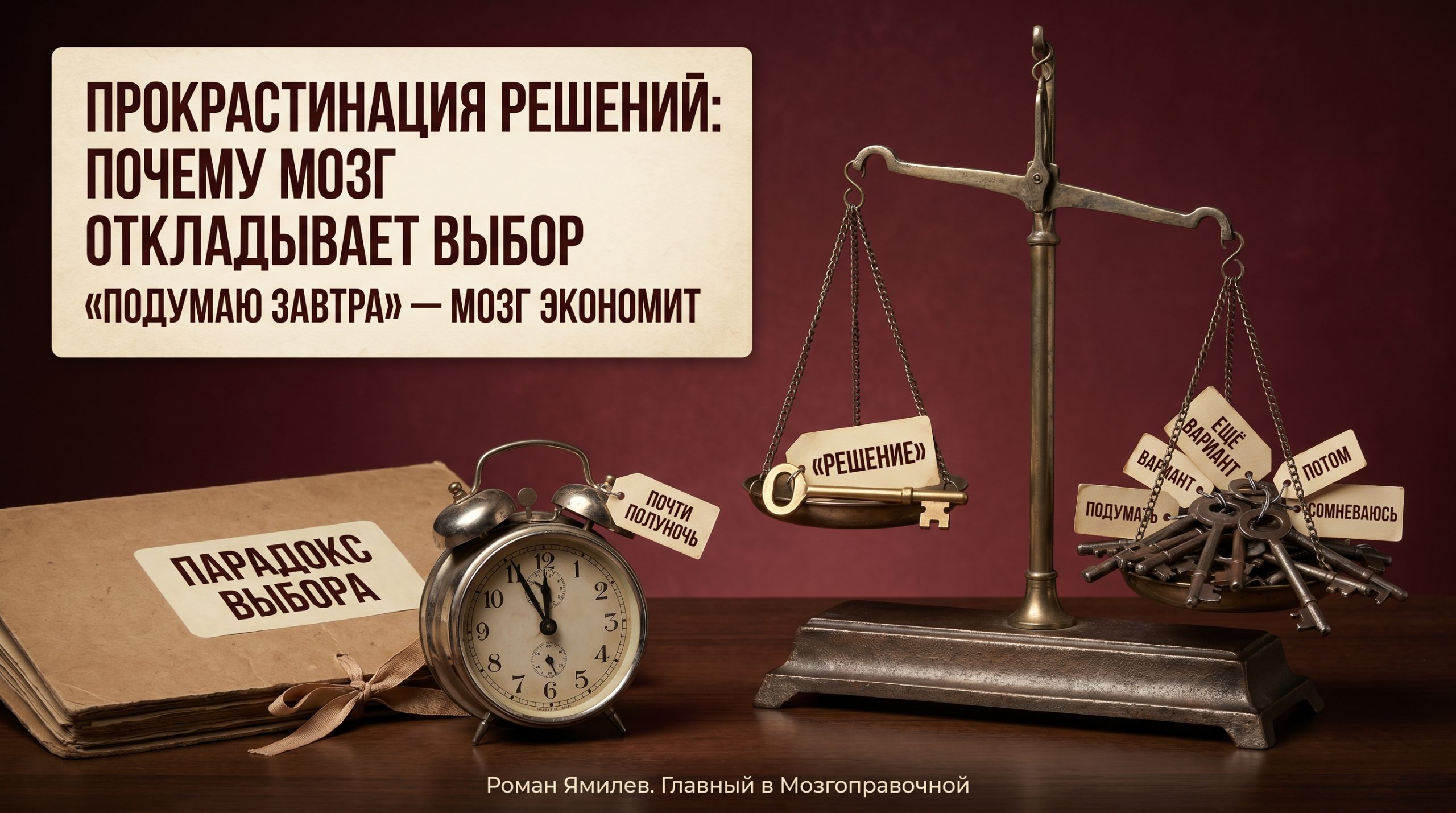 Весы с одним ключом и множеством вариантов, будильник и папка «Парадокс выбора», тема прокрастинации решений