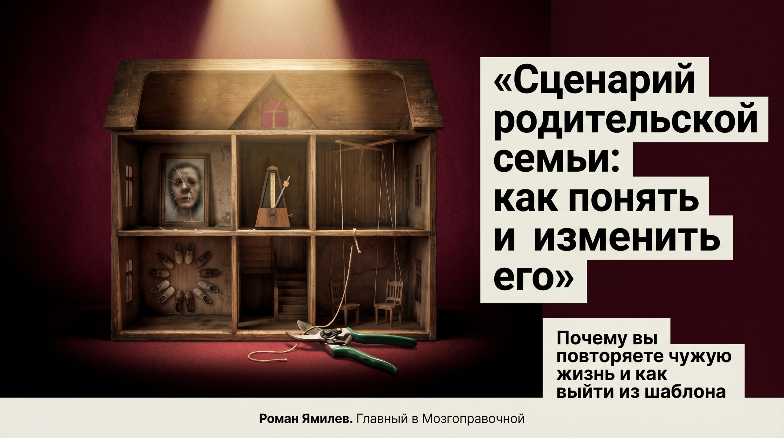 Кукольный домик с треснувшим зеркалом, нитями и секатором как метафора сценария родительской семьи
