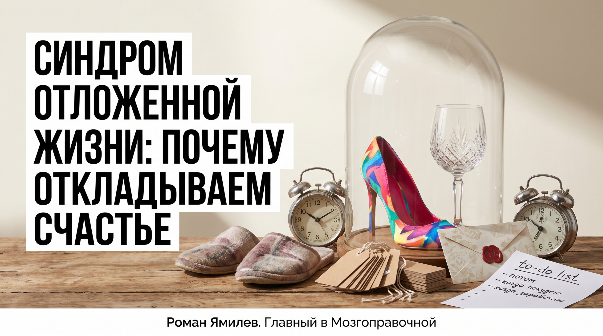 Туфли и бокал под стеклянным колпаком, рядом список «потом»; метафора синдрома отложенной жизни