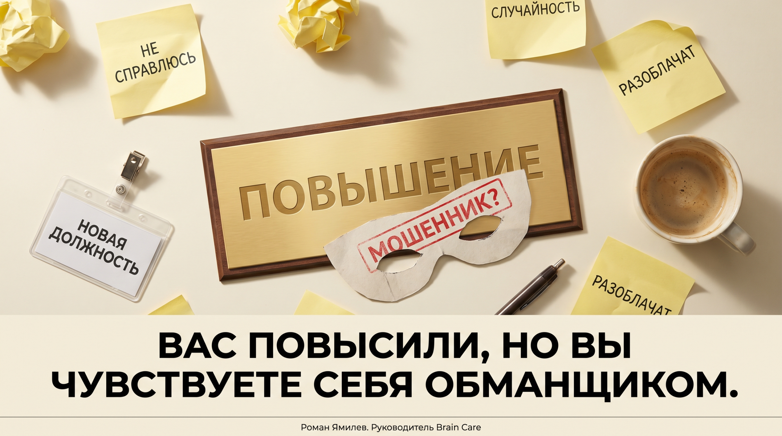 Золотая табличка «ПОВЫШЕНИЕ» под бумажной маской и стикерами о сомнениях, тема синдрома самозванца на работе