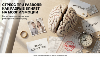 Треснувшая модель мозга, кольцо, разорванные бумаги о разводе и метафора стресса при разводе
