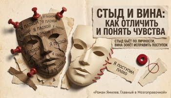 Две бумажные маски: тёмная про стыд и светлая про чувство вины, коллажная обложка статьи