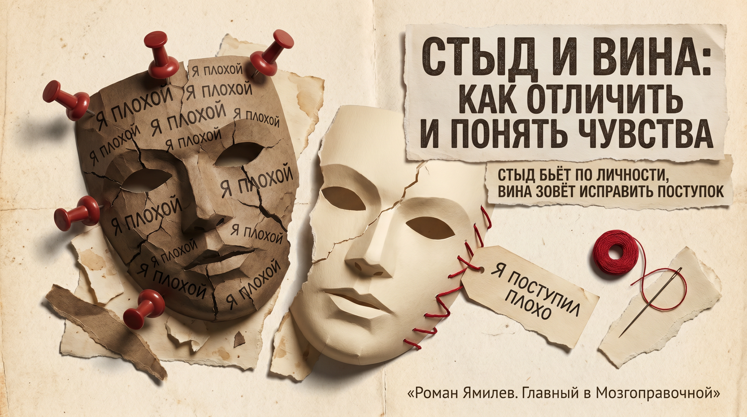 Две бумажные маски: тёмная про стыд и светлая про чувство вины, коллажная обложка статьи