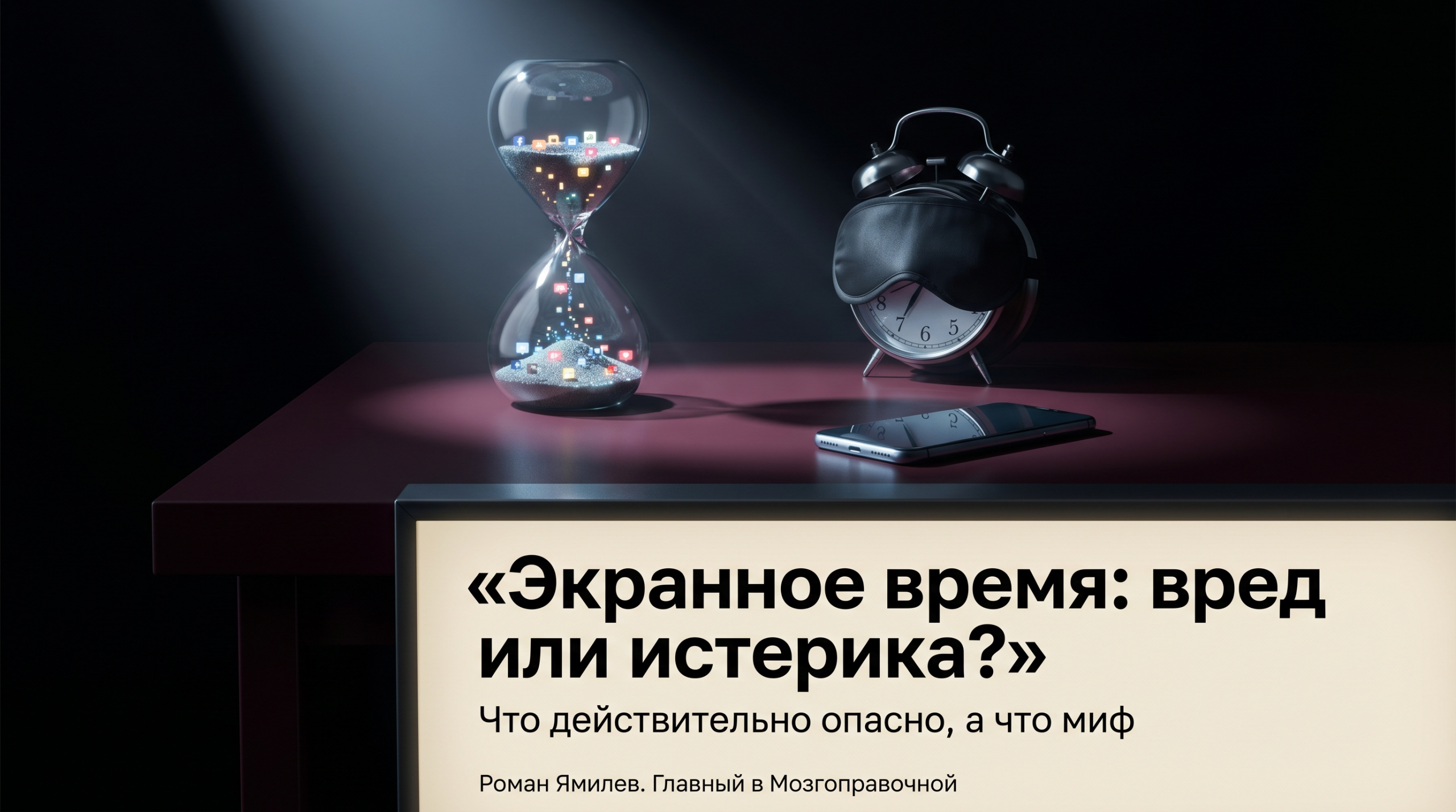 Песочные часы с цифровыми пикселями, будильник и смартфон как метафора вреда экранного времени и сна