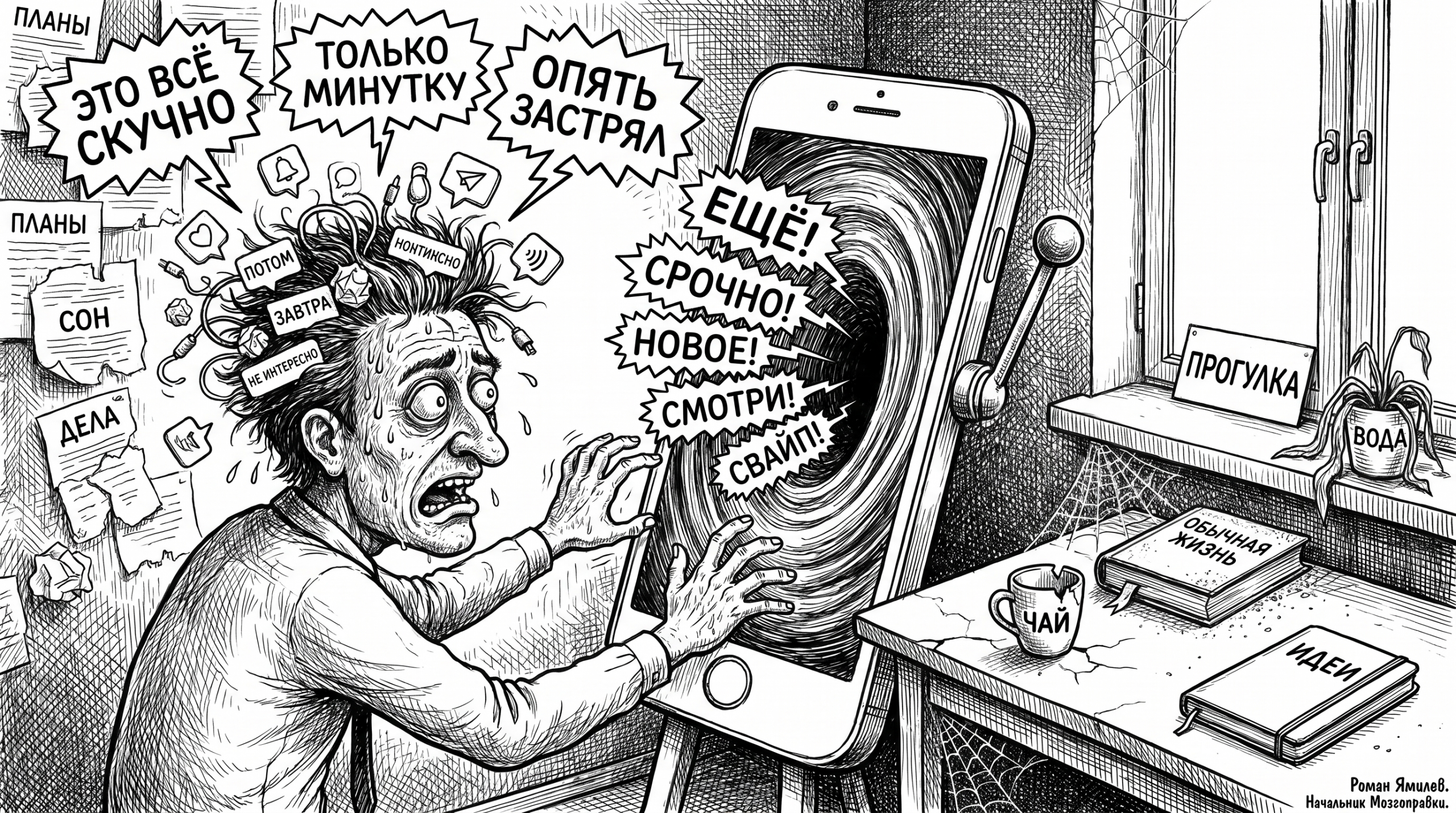 Карикатура: мужчина залип в телефоне, а обычная жизнь вокруг кажется скучной